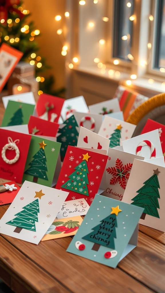 A variety of handmade Christmas cards with festive designs on a wooden table.